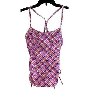 NWT TYR Size 8 Phoenix Iris Pink Plaid Tankini Built in Bra Swimsuit Top Sz 8